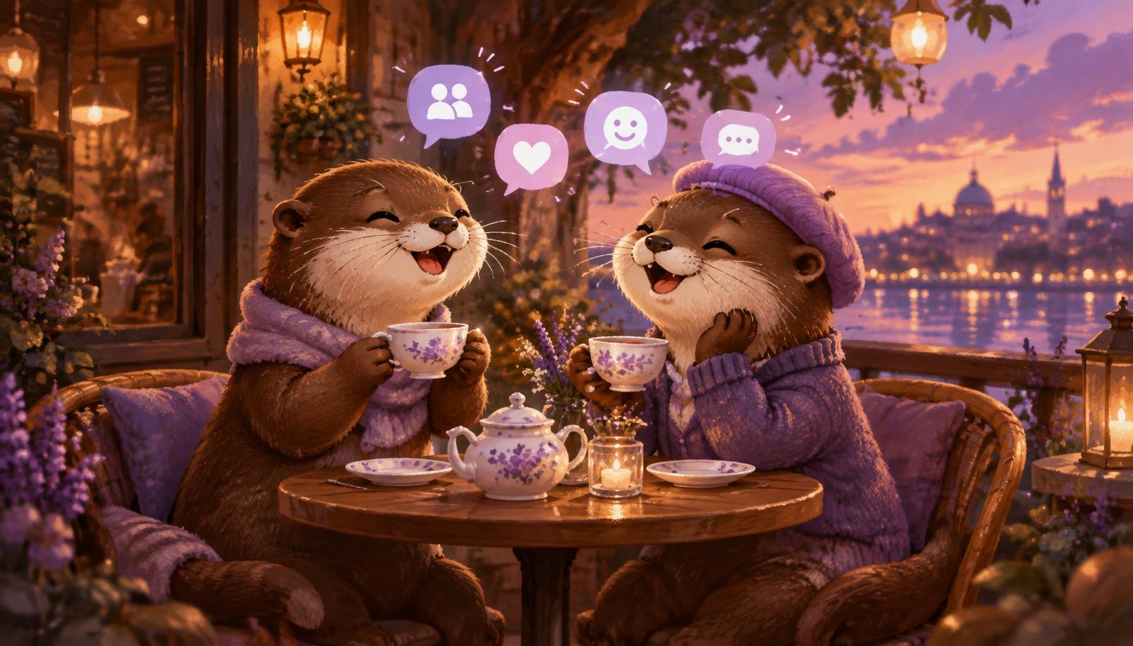 Two otters sharing tea at a café table
