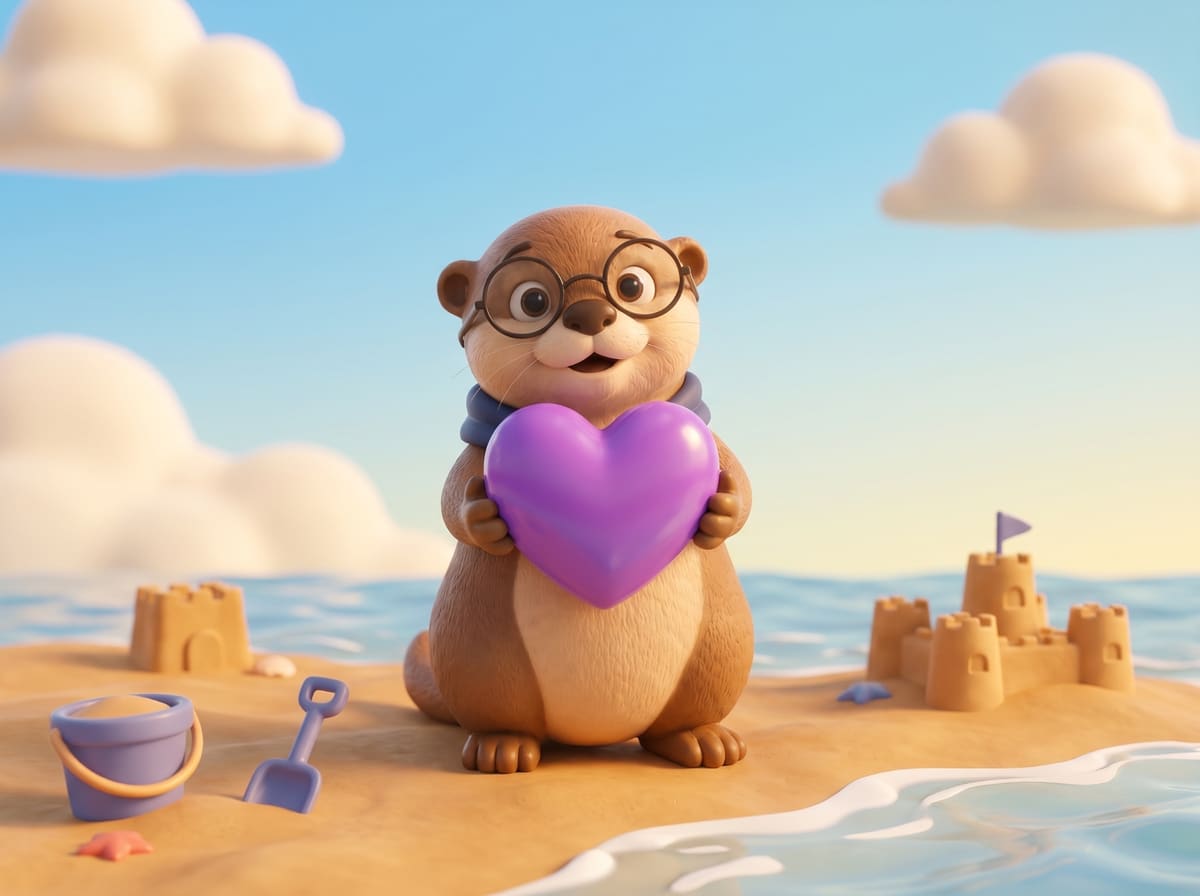 Kai the otter holding a purple heart on the beach