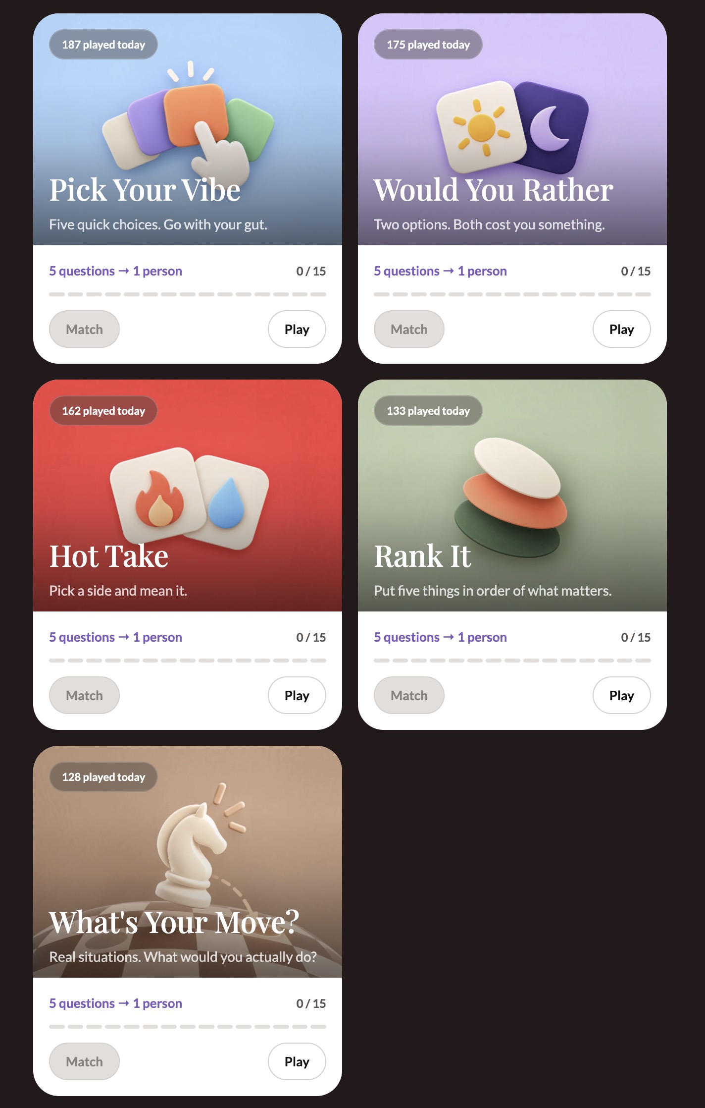 Play & Match game cards in the feed