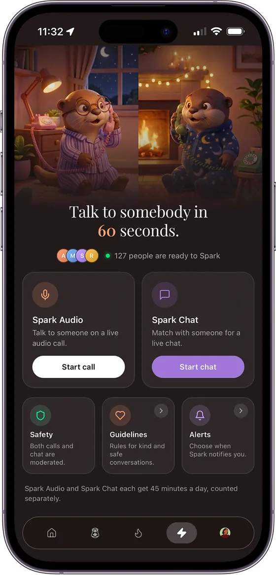 Spark home screen with audio and chat options
