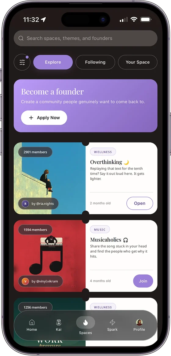 The Spaces screen in Kai: search, a Become a founder card with a Create a space button, and community cards