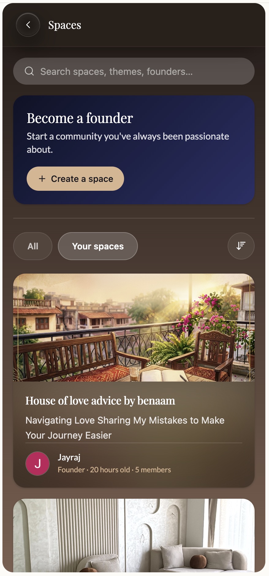 The Spaces screen in Kai: search, a Become a founder card with a Create a space button, and community cards