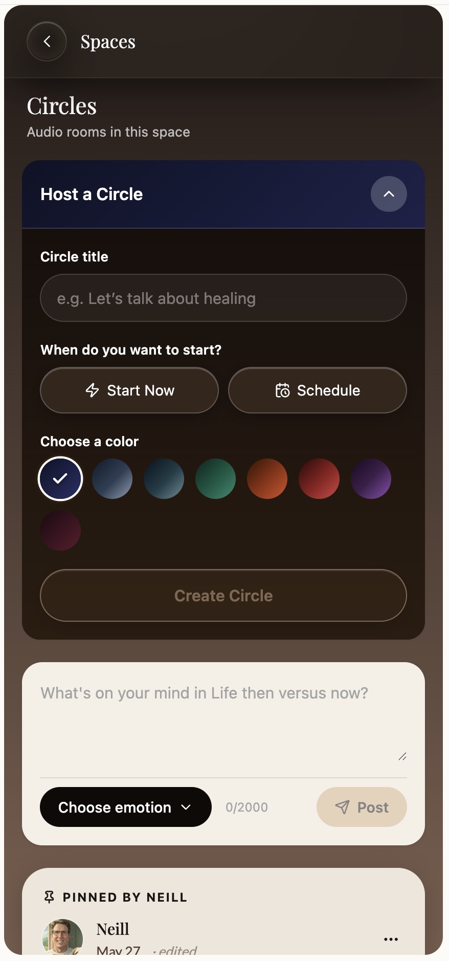 Circles in a Kai Space: a Host a Circle form with title, Start Now or Schedule, color picker, and the space discussion feed below
